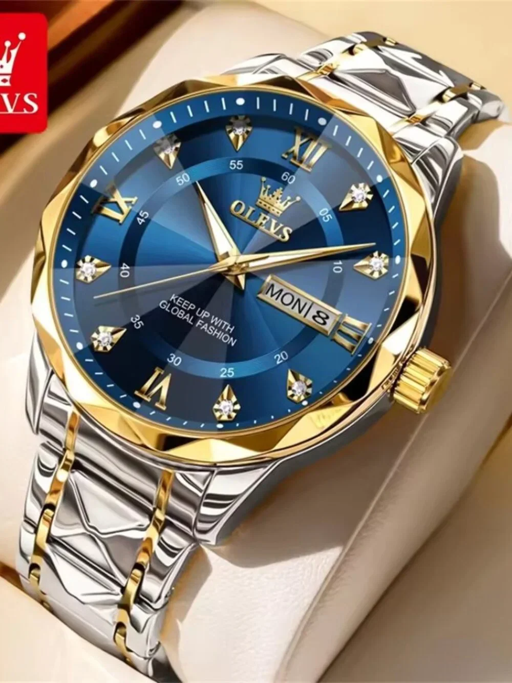 OLEVS Men's Luxury Quartz Watch Blue Gold Stainless Steel Waterproof Roman Dial